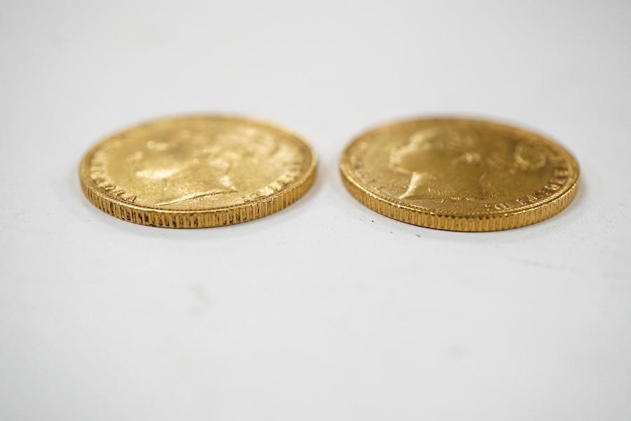 Australia gold coins, Victoria, two gold sovereigns, 1873S, about VF and 1876S, VF